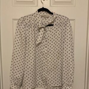 Loft white with black bow print. dress button down blouse bow to tie at neck